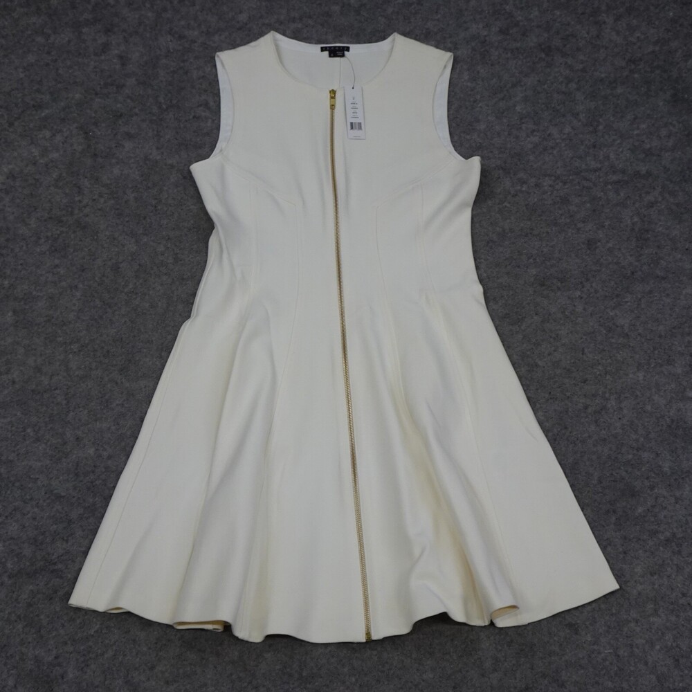 Theory Dress Womens 6 Ivory Fit Flare Zip Front Sleeveless Bonbi Flowy Lined